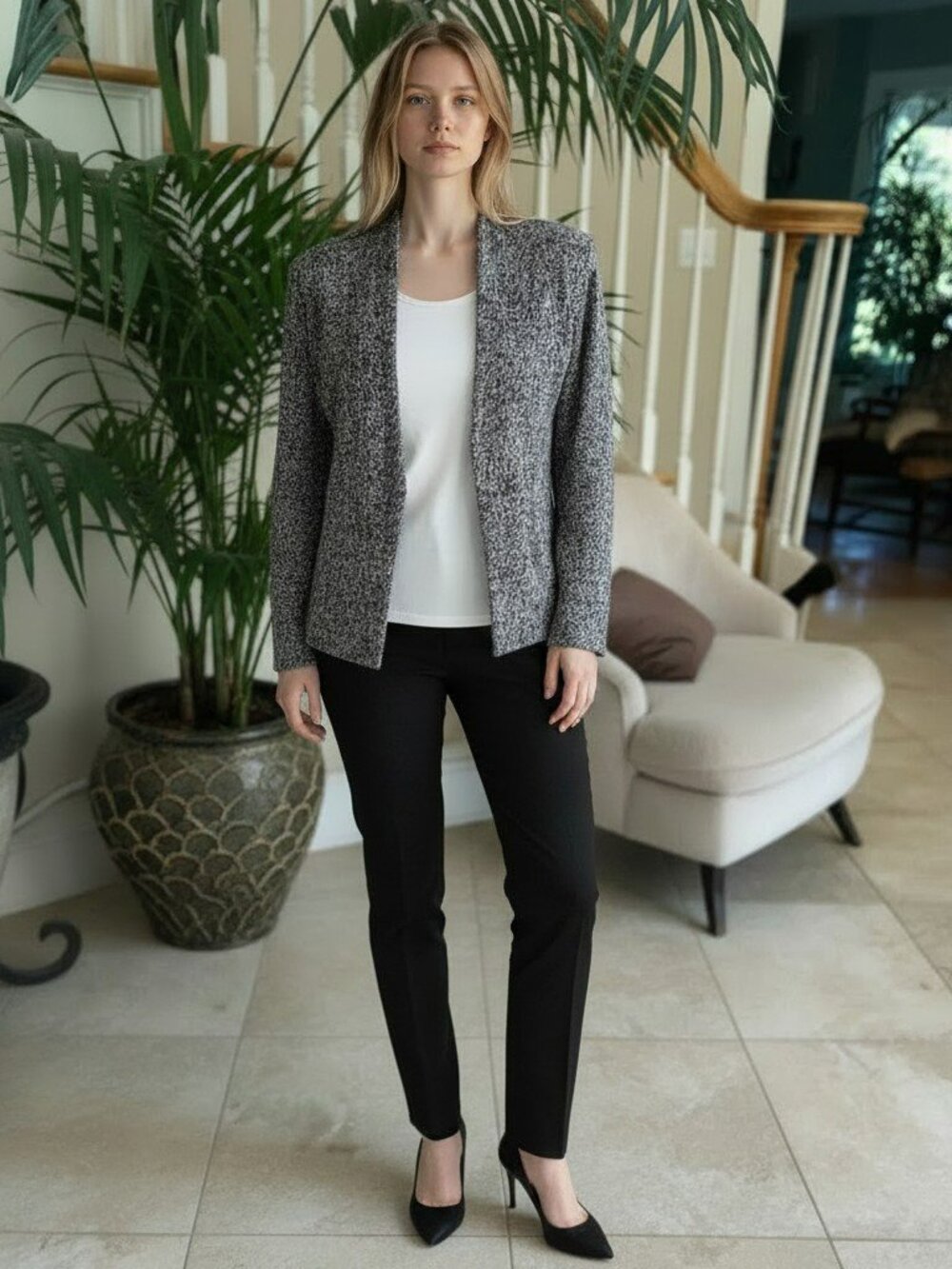 NIC+ZOE Black & White Marled Open-Front Cardigan. Size Medium.